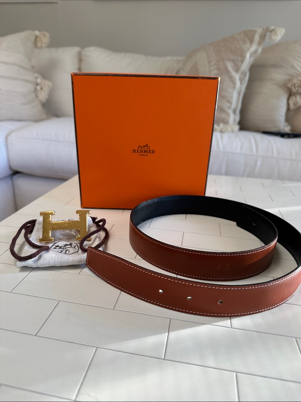 HERMES 32mm Martelée H Buckle and Reversible Belt (Brown/Black, Size 80)